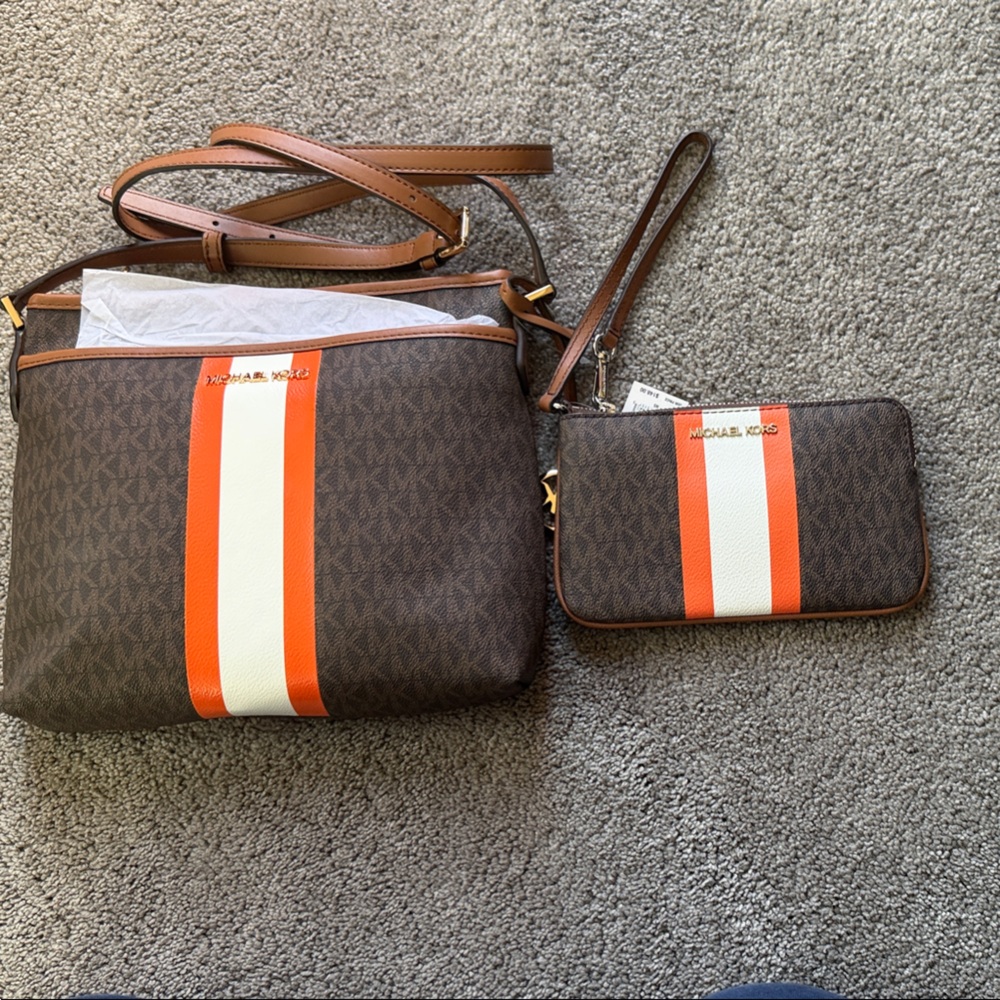 Michael Kors Brown and Orange Clutch & Wristlet Set